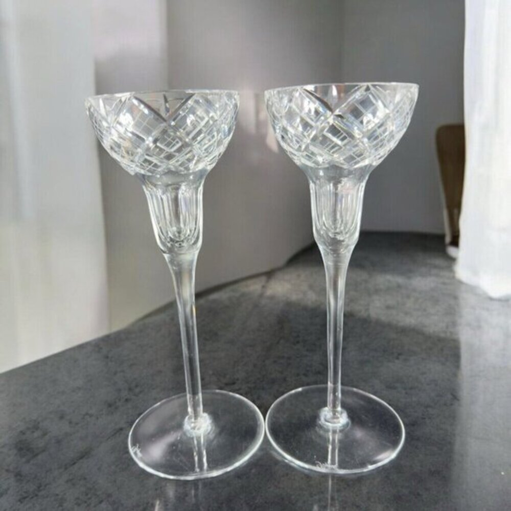 Vintage Rogaska Clear Glass Crystal Pillar Candle Holders Set 2 Signed Bottom‎